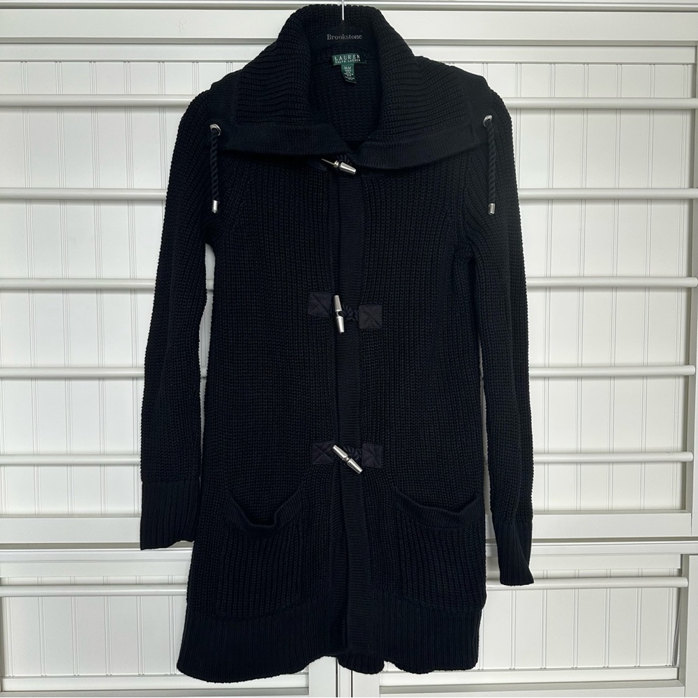 Ralph Lauren Black 100% Cotton Knit Shawl Collar Toggle Cardigan Women’s Sz Med - Picture 4 of 10
